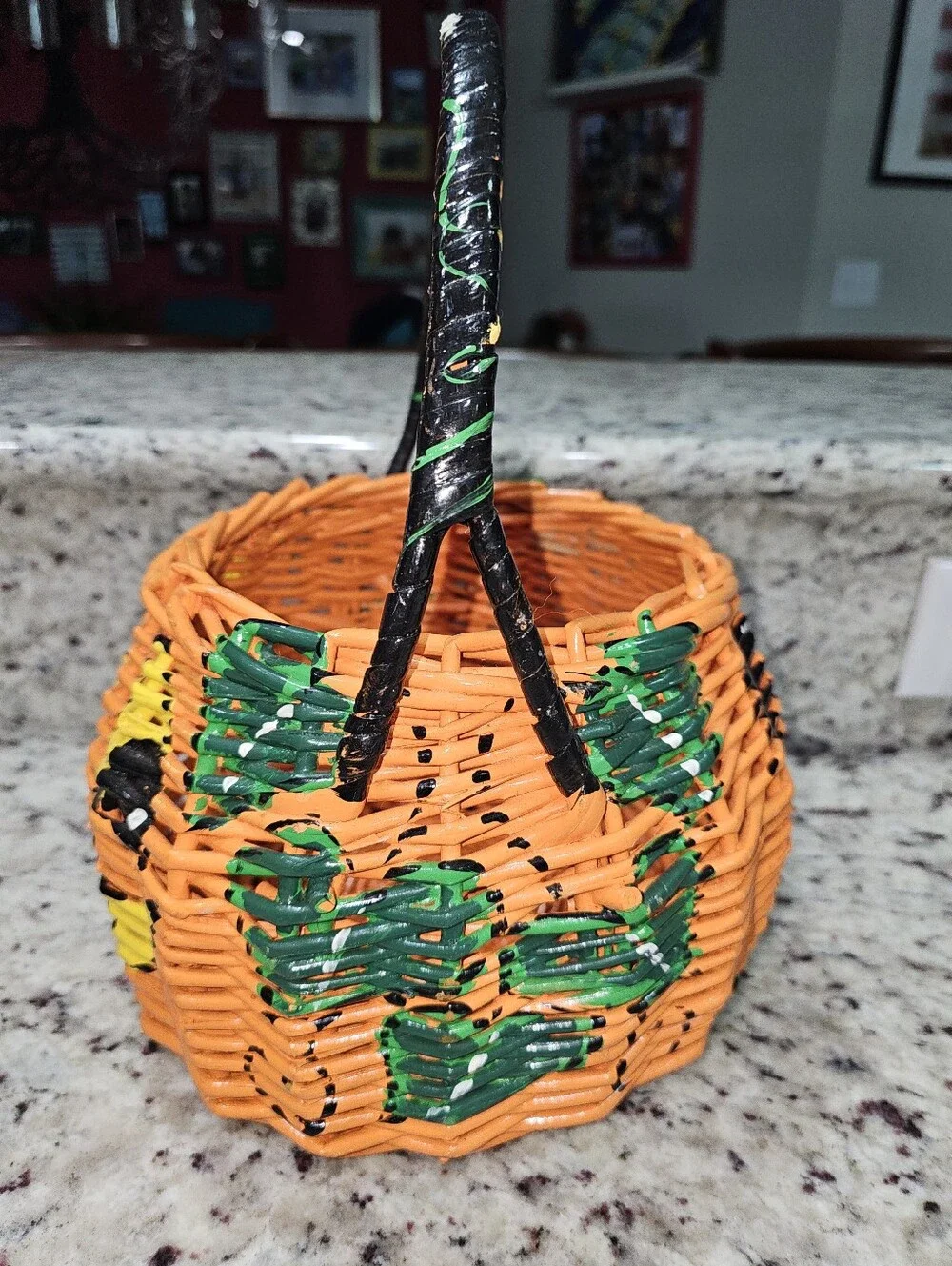 Hand Painted Pumpkin Jack-O-Lantern Basket Spider & Leaves